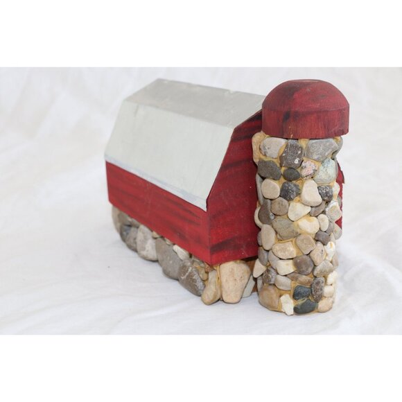 Vtg "Red Barn With Stone Silo" Stone Folk Art Work T. Johnston Tree Hugger JVC - Picture 1 of 6